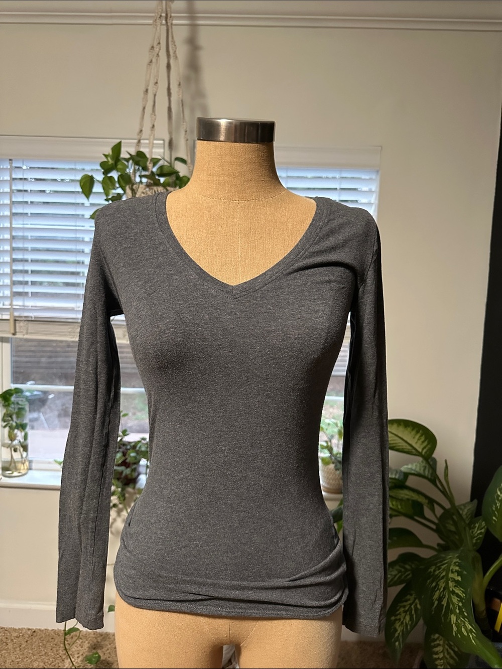 Classic Women's V-Neck Long Sleeve Top - Charcoal Gray